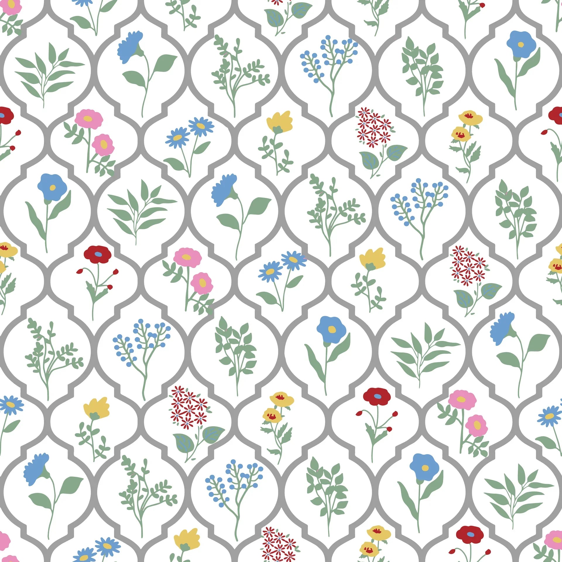 Cottage-style Garden Trellis wallpaper with colorful wildflowers in gray quatrefoil frames on white background
