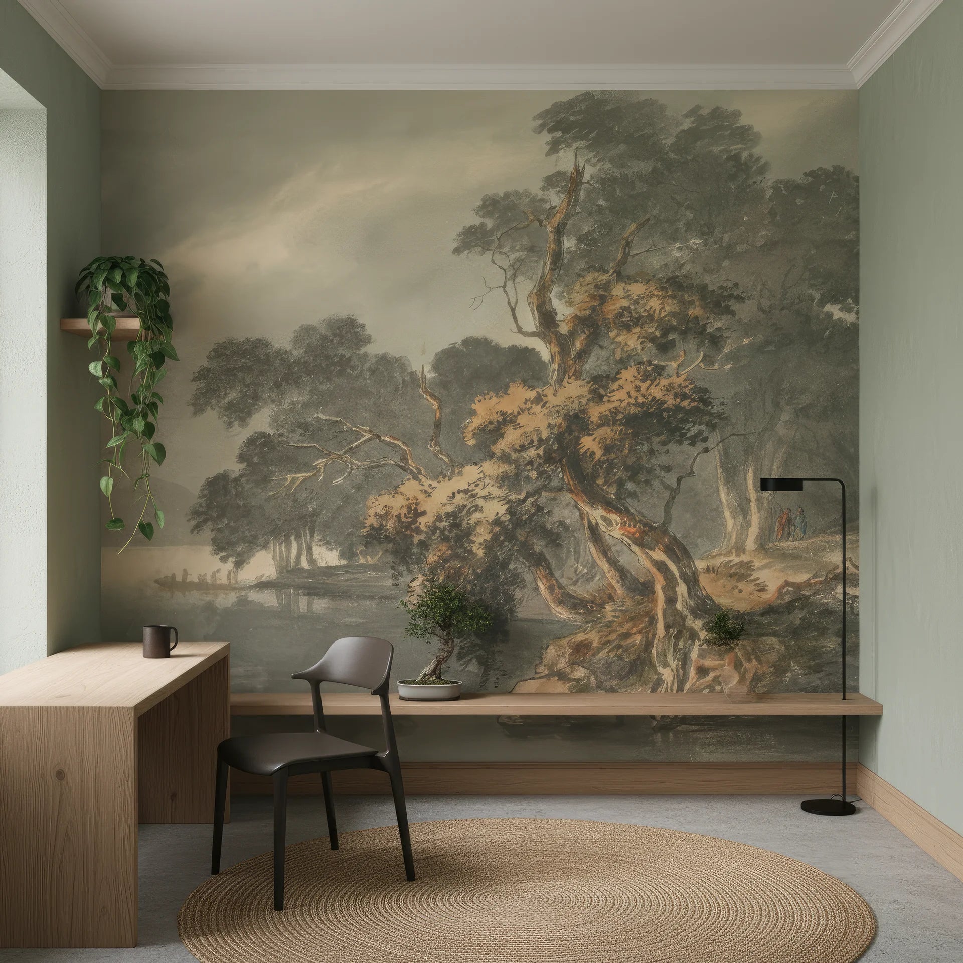 Classical landscape mural wallpaper featuring gnarled trees and misty scenery in sage green and amber tones