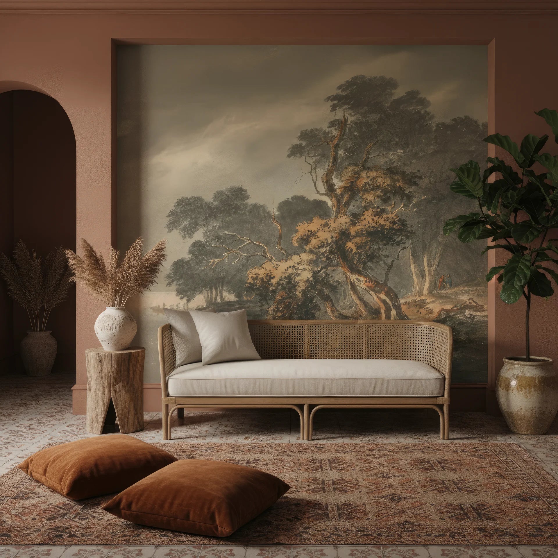 Classical Garden with Townscape mural wallpaper featuring gnarled trees in sage and gold tones on terracotta wall