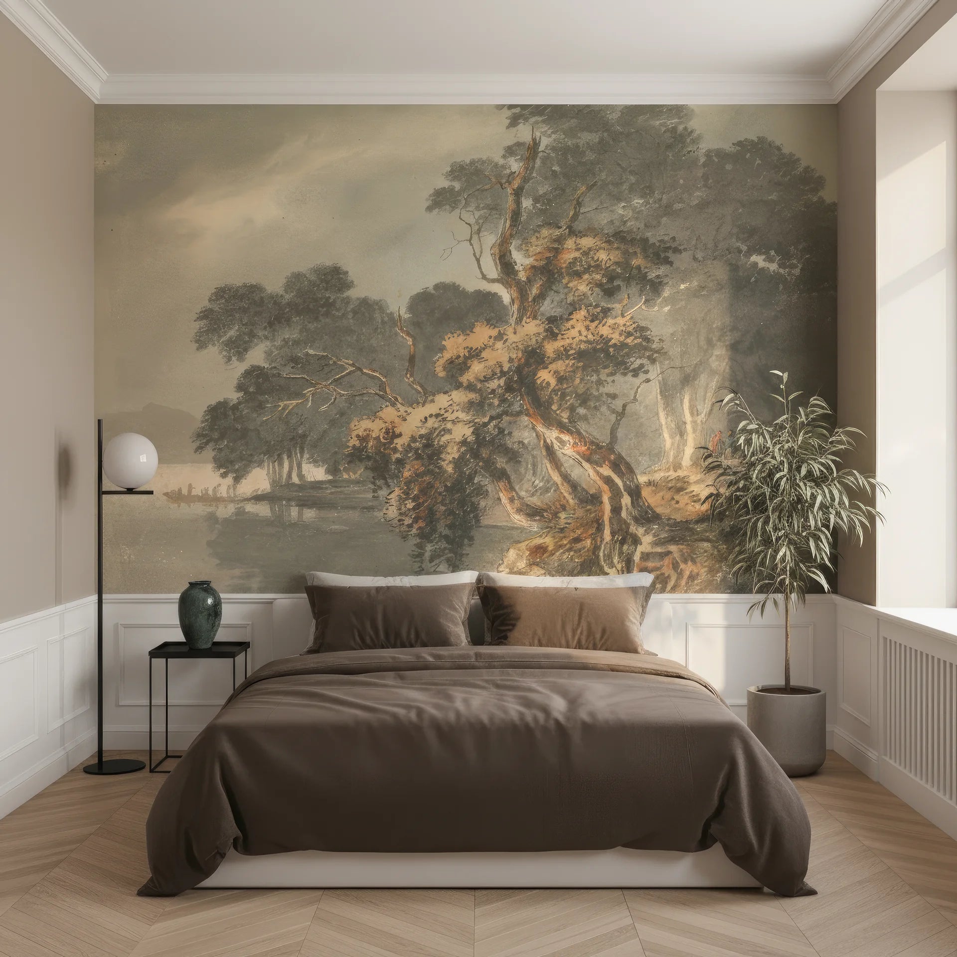 Vintage landscape mural wallpaper featuring amber and sage trees from Garden with Townscape collection in serene bedroom