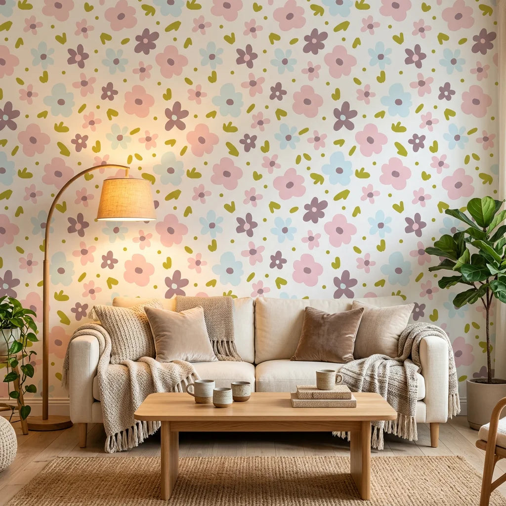 Gentle Bloom white pastel watercolor floral wallpaper in a warm and inviting living room
