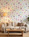 Gentle Bloom white pastel watercolor floral wallpaper in a warm and inviting living room