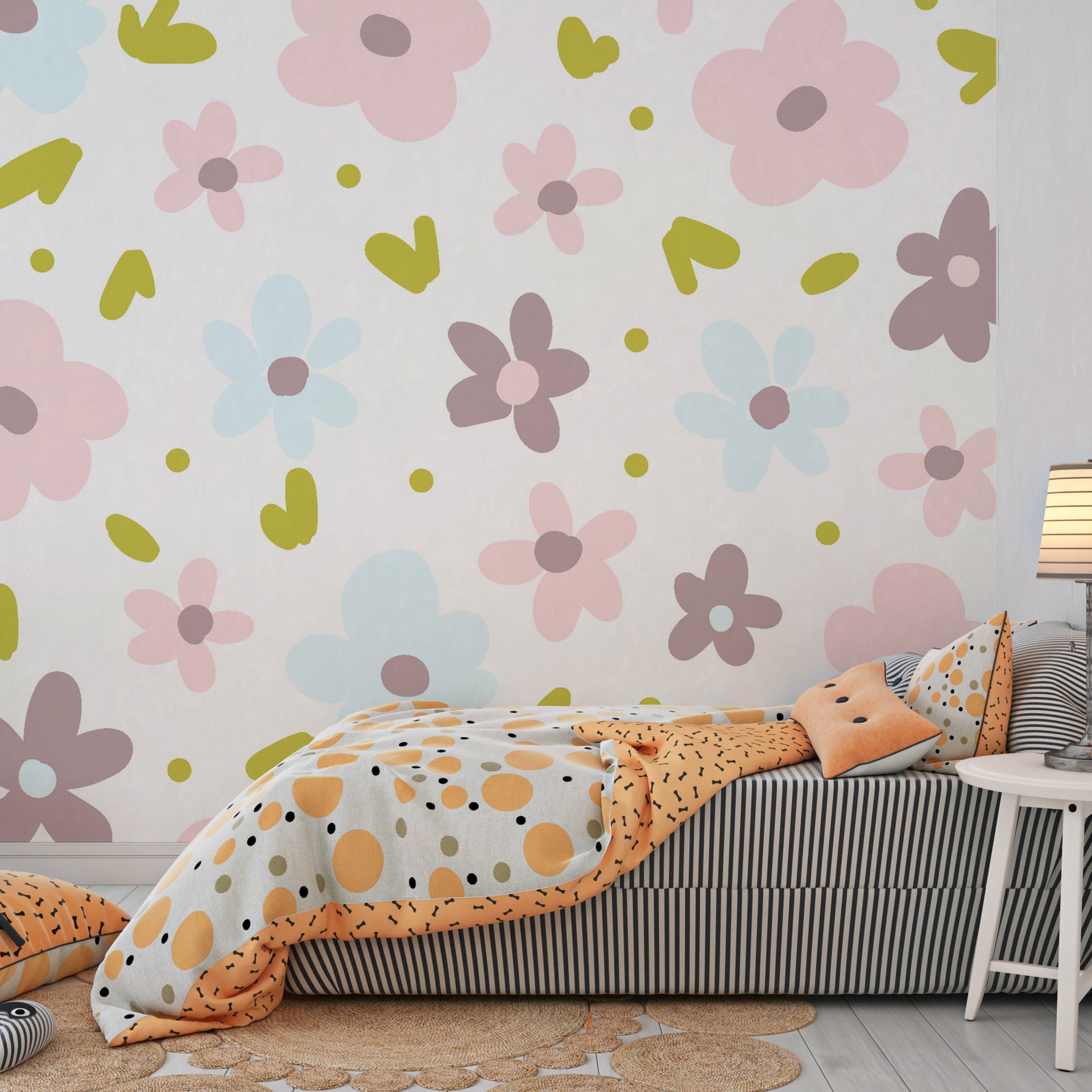 Ditsy floral motif in pastel rose and azure tones removable wall covering - Gentle Bloom