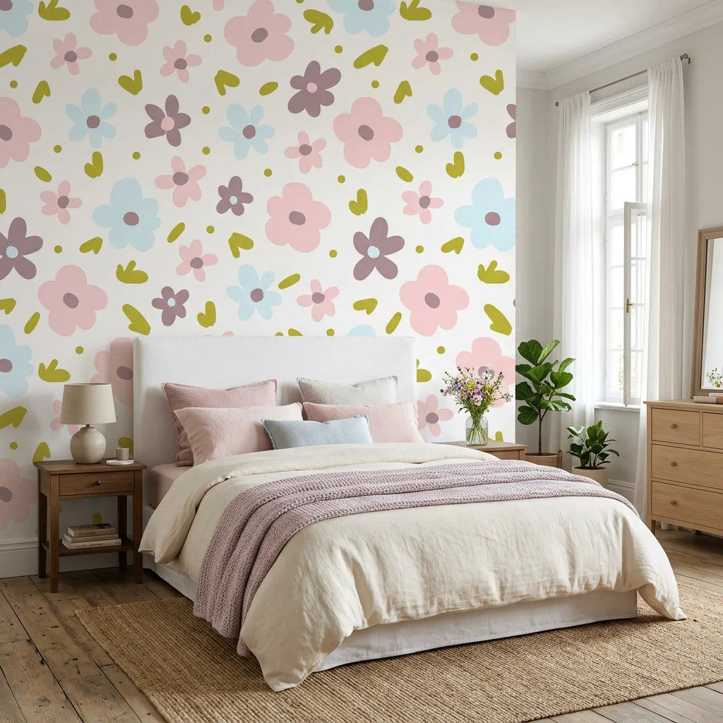 Gentle Bloom white pastel watercolor floral wallpaper adding character to a cozy bedroom