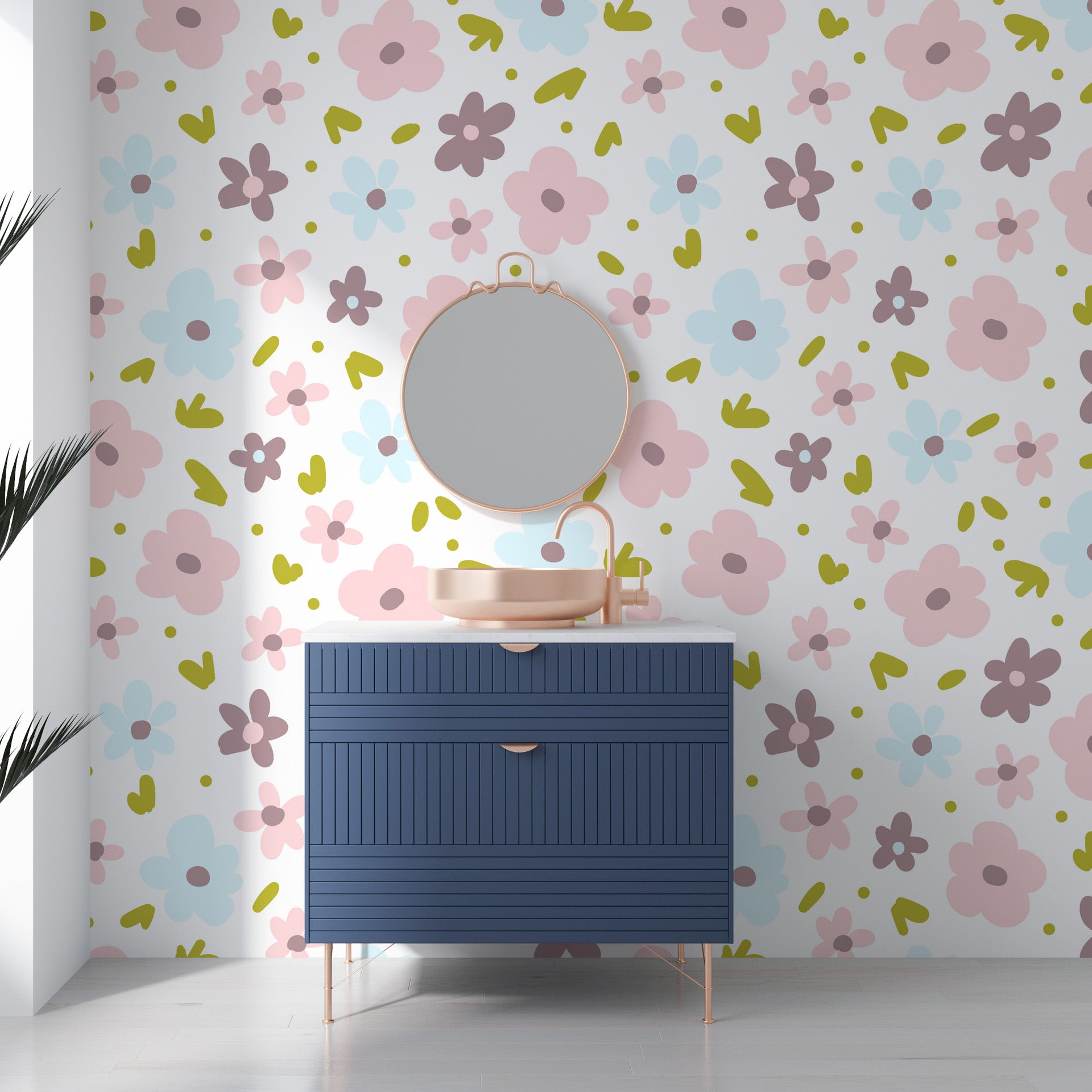 Small-scale botanical pattern featuring pale pink and light blue blossoms peel and stick - Gentle Bloom