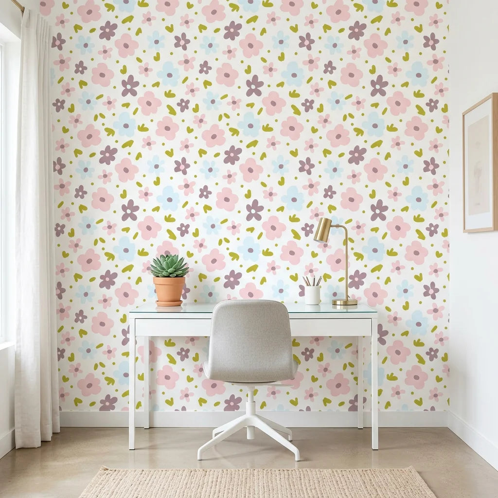 Gentle Bloom white pastel watercolor floral wallpaper as a feature wall in a bright home office