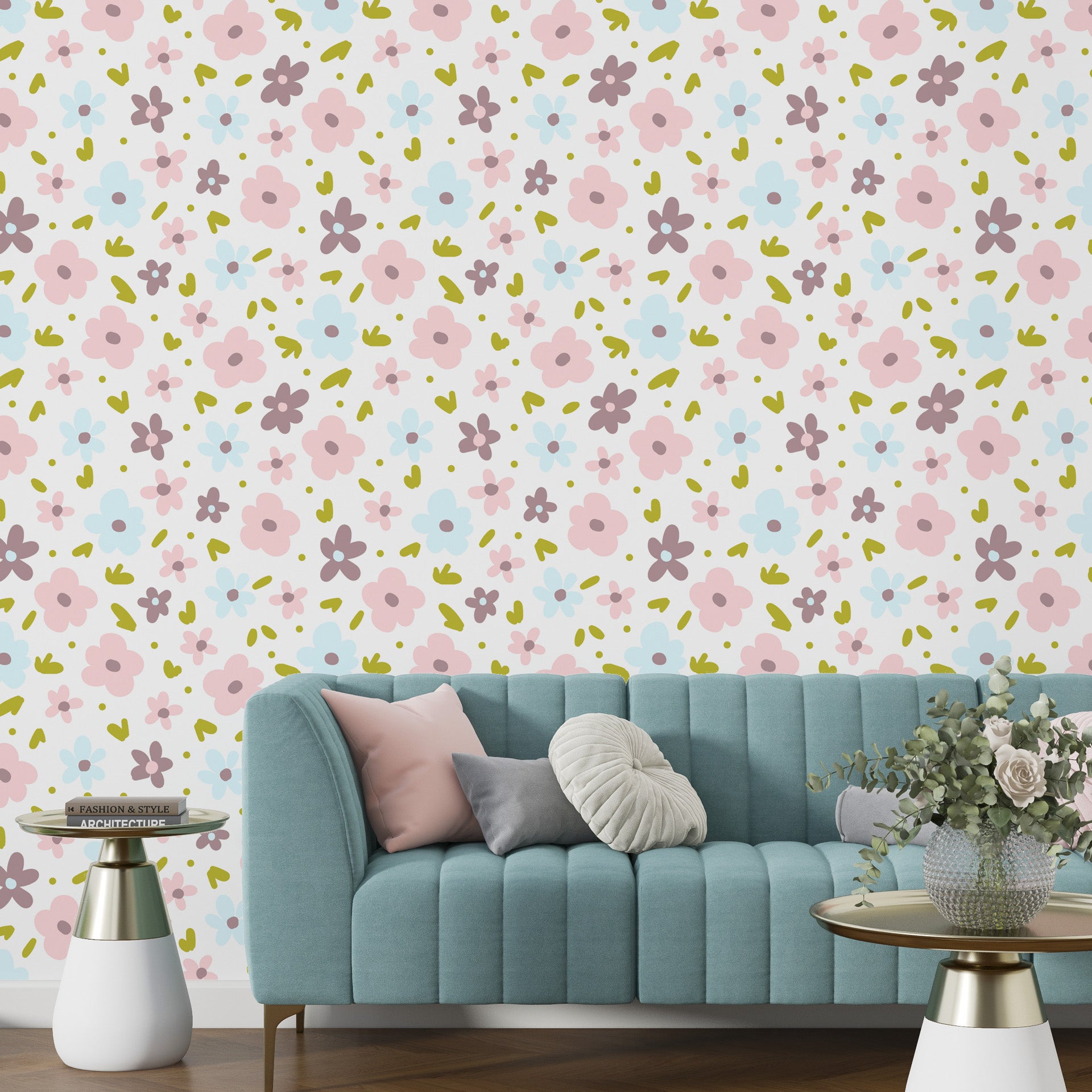 Delicate miniature flowers in blush and sky blue on an adhesive-backed wallpaper - Gentle Bloom