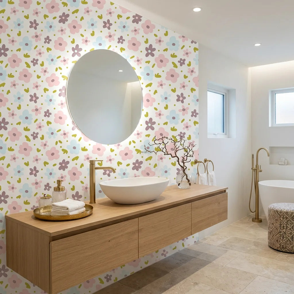 Gentle Bloom white pastel watercolor floral wallpaper creating ambiance in a serene bathroom