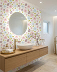 Gentle Bloom white pastel watercolor floral wallpaper creating ambiance in a serene bathroom