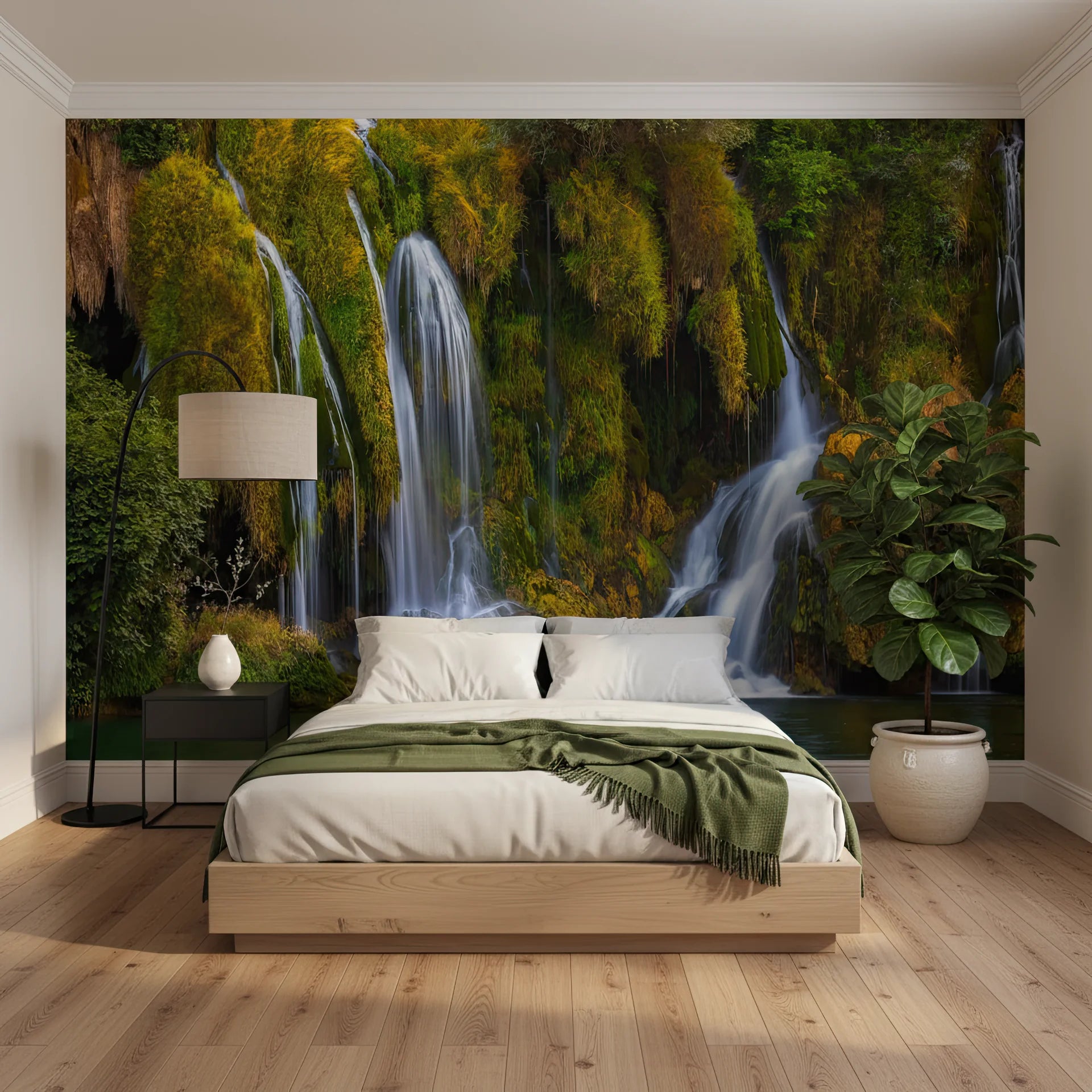 Soft cascading waterfall in tranquil forest setting removable wallpaper