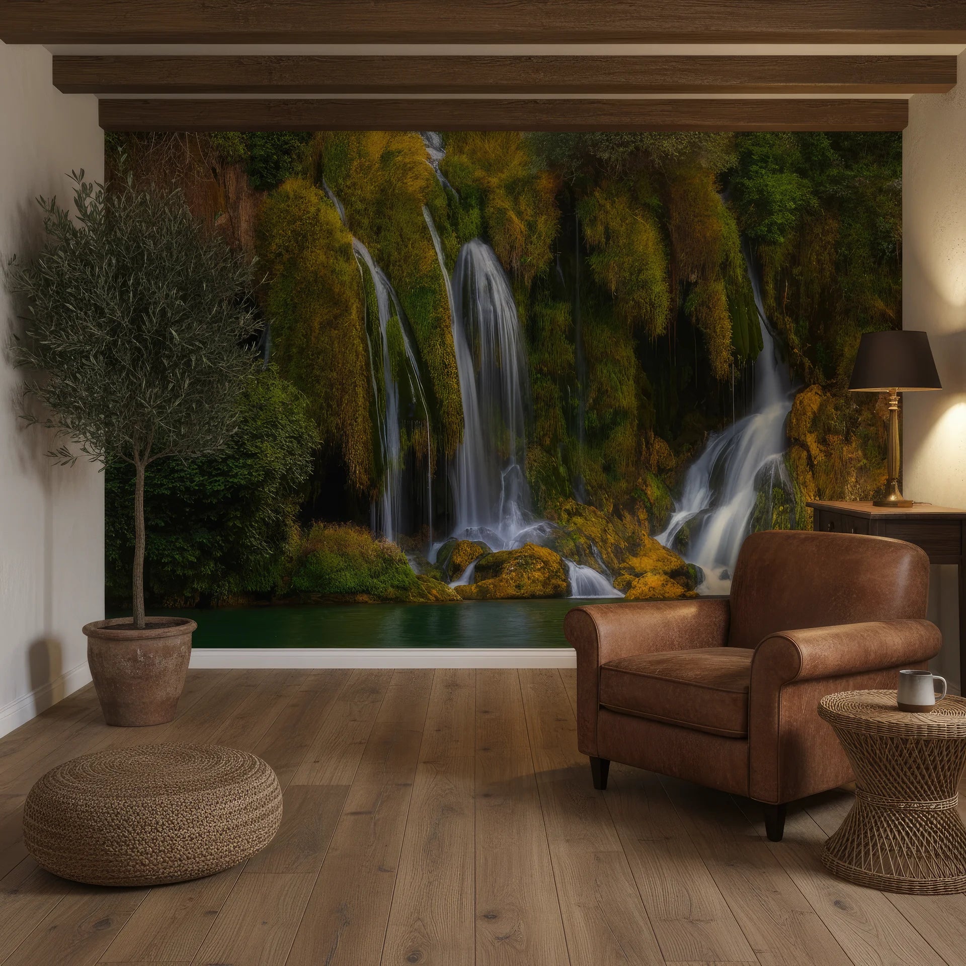Serene waterfall among vegetation with calming aesthetic removable wall mural