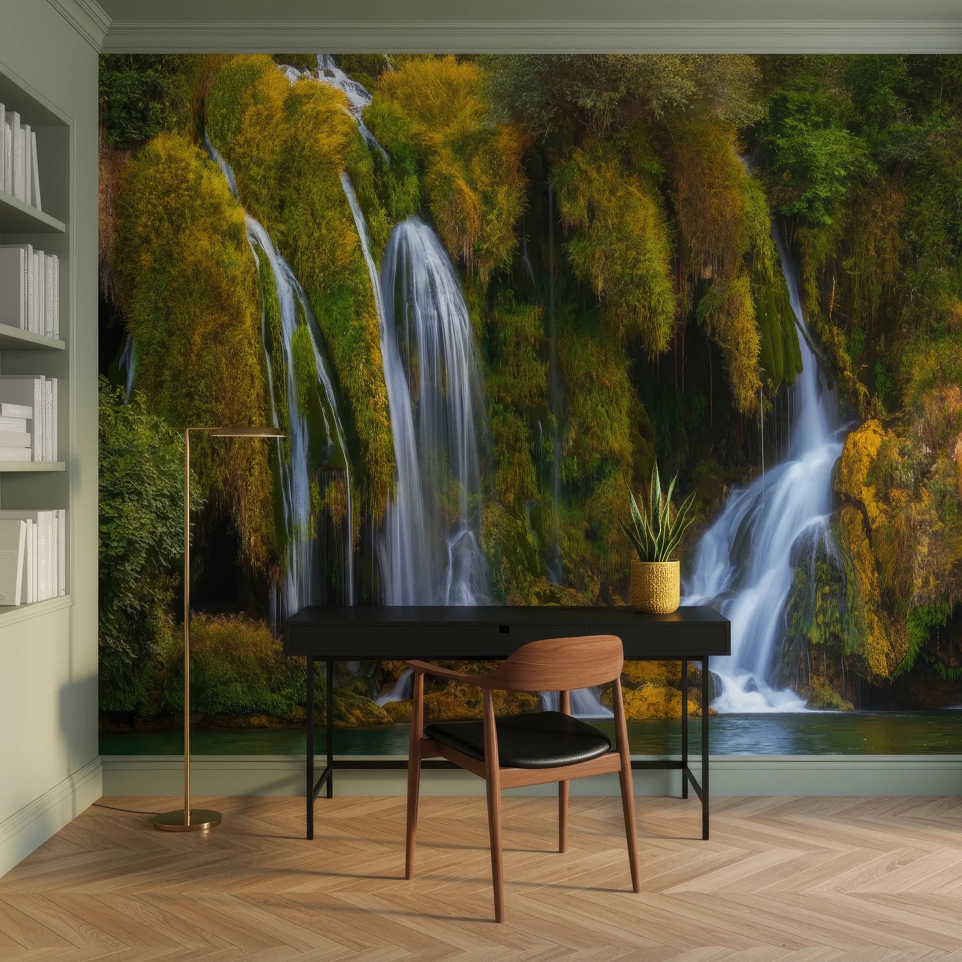 Flowing water creating gentle cascade motion in natural landscape peel and stick wallpaper