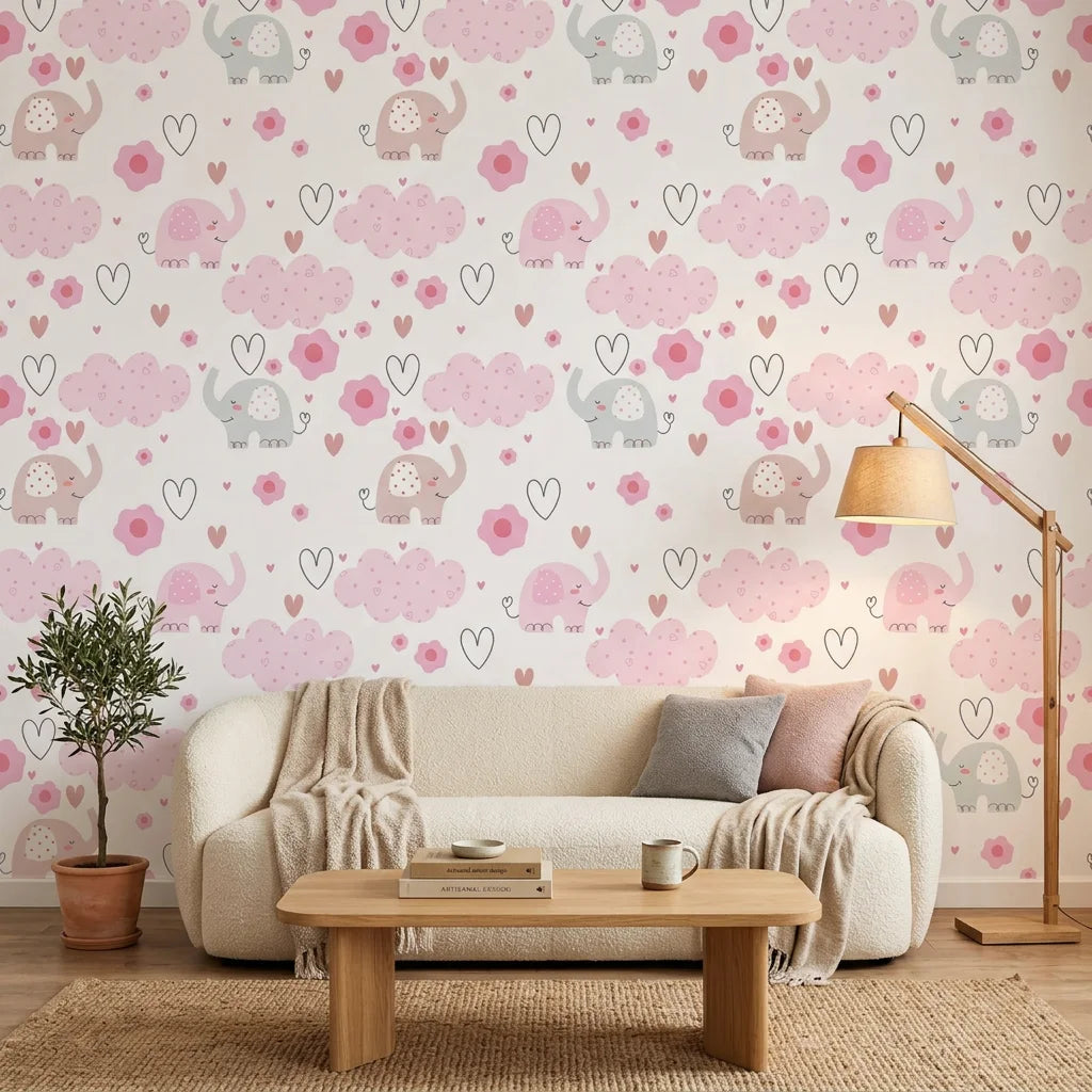 Gentle Flutter white pink elephant and cloud wallpaper in a warm and inviting living room