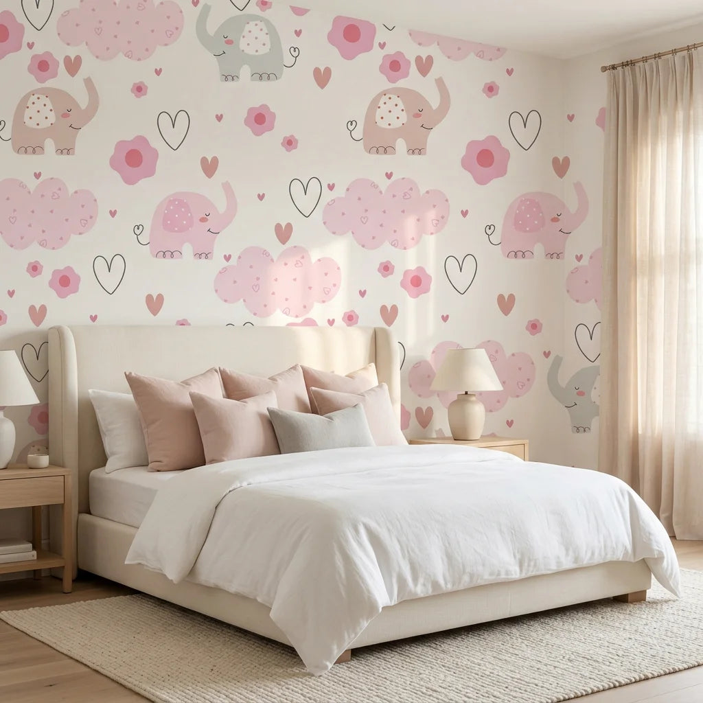 Gentle Flutter white pink elephant and cloud wallpaper adding character to a cozy bedroom