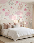 Gentle Flutter white pink elephant and cloud wallpaper adding character to a cozy bedroom