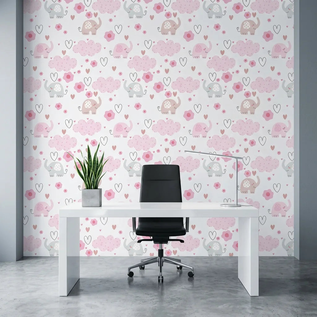 Gentle Flutter white pink elephant and cloud wallpaper as a feature wall in a bright home office