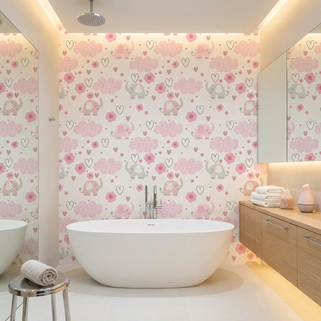 Gentle Flutter white pink elephant and cloud wallpaper creating ambiance in a serene bathroom