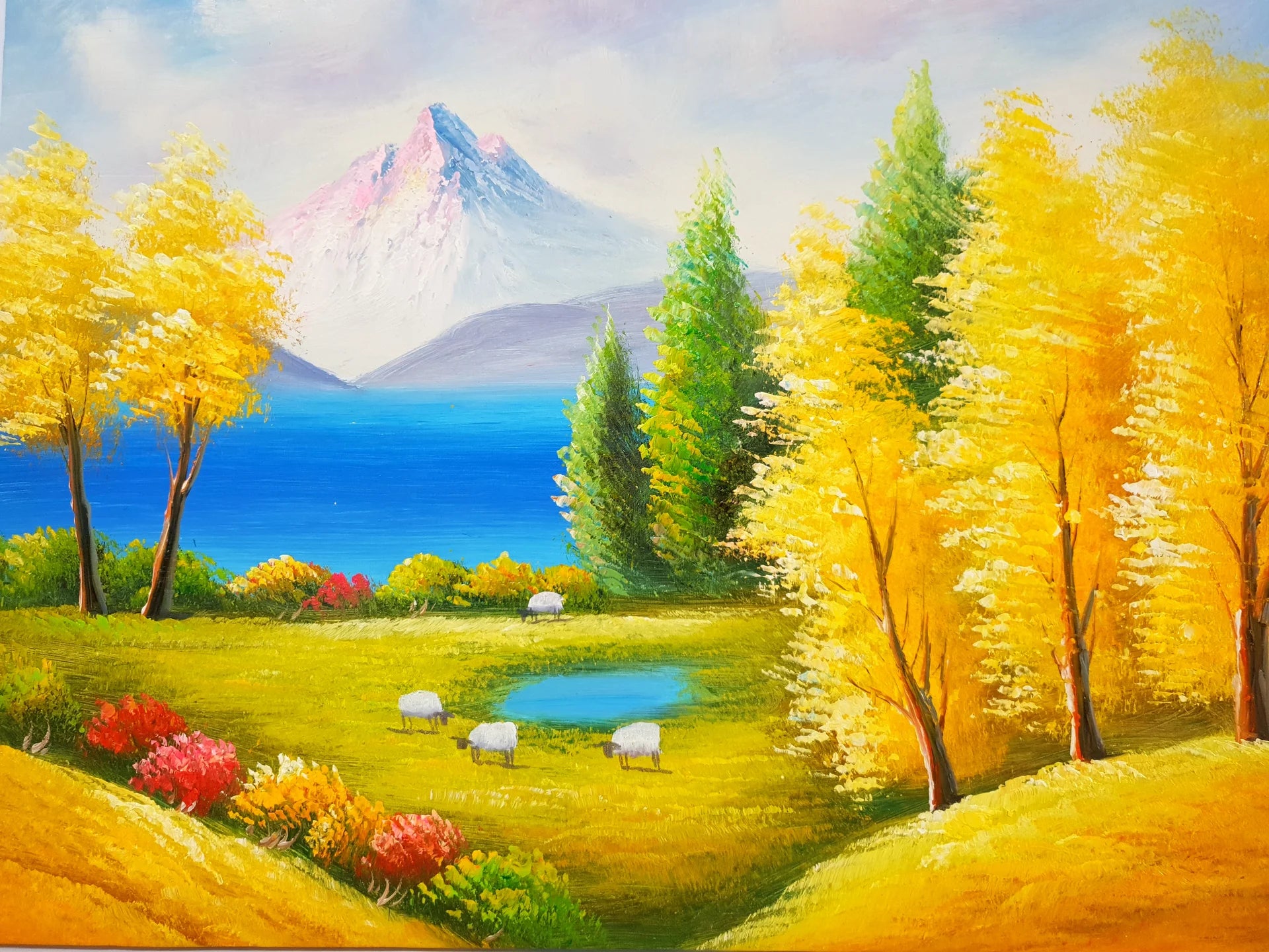 Gentle Pasture vibrant mountain meadow landscape wallpaper creating ambiance in a serene bathroom