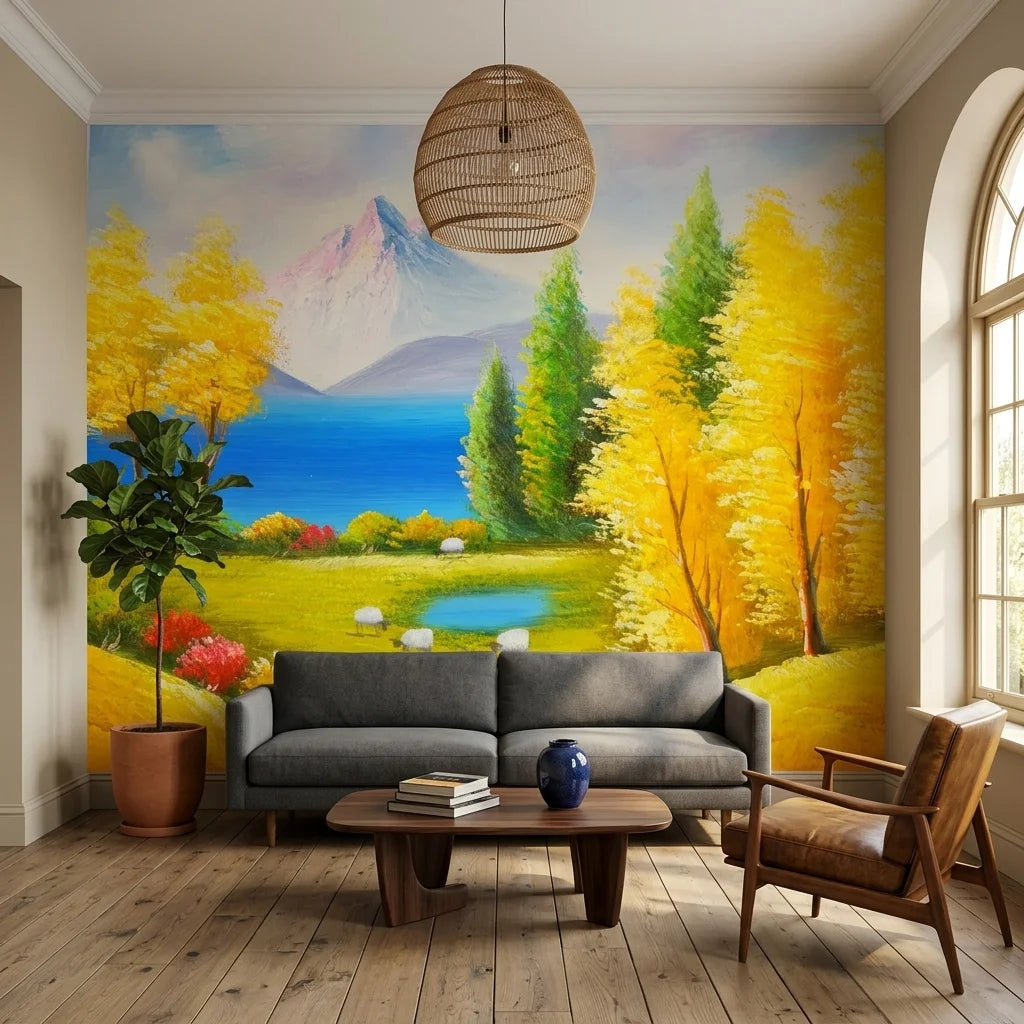 Canvas-like vibrant mountain meadow pastoral landscape peel and stick wallpaper - Gentle Pasture