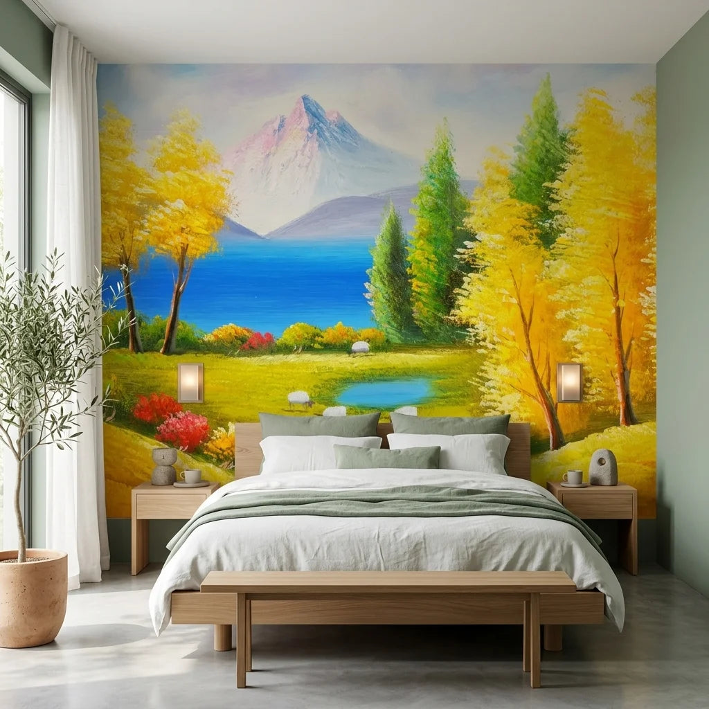 Gentle Pasture vibrant mountain meadow landscape wallpaper in a warm and inviting living room
