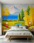 Gentle Pasture vibrant mountain meadow landscape wallpaper in a warm and inviting living room