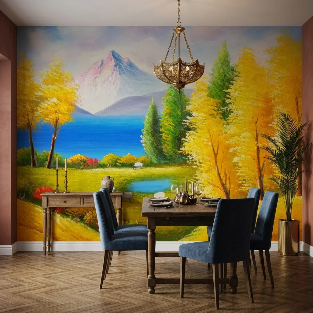 Gentle Pasture vibrant mountain meadow landscape wallpaper adding character to a cozy bedroom