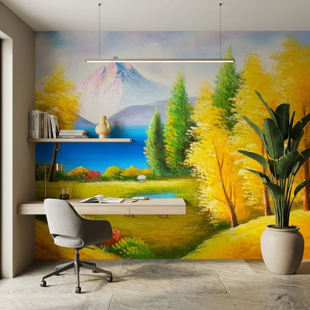 Gentle Pasture vibrant mountain meadow landscape wallpaper as a feature wall in a bright home office
