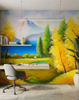 Gentle Pasture vibrant mountain meadow landscape wallpaper as a feature wall in a bright home office