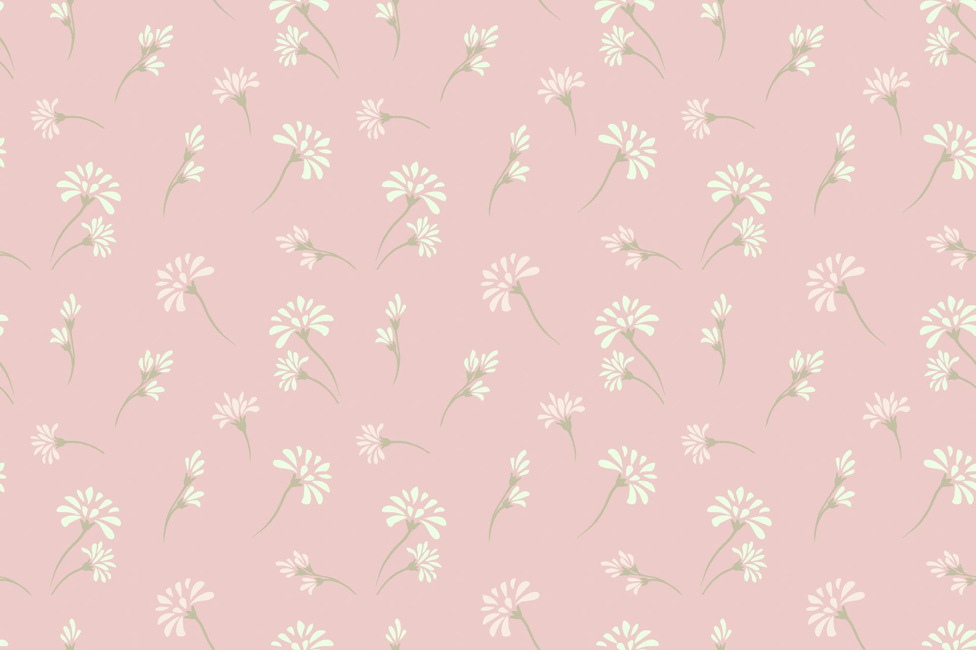 Self-adhesive, removable wallpaper featuring a ditsy pattern of pink and white flowers
