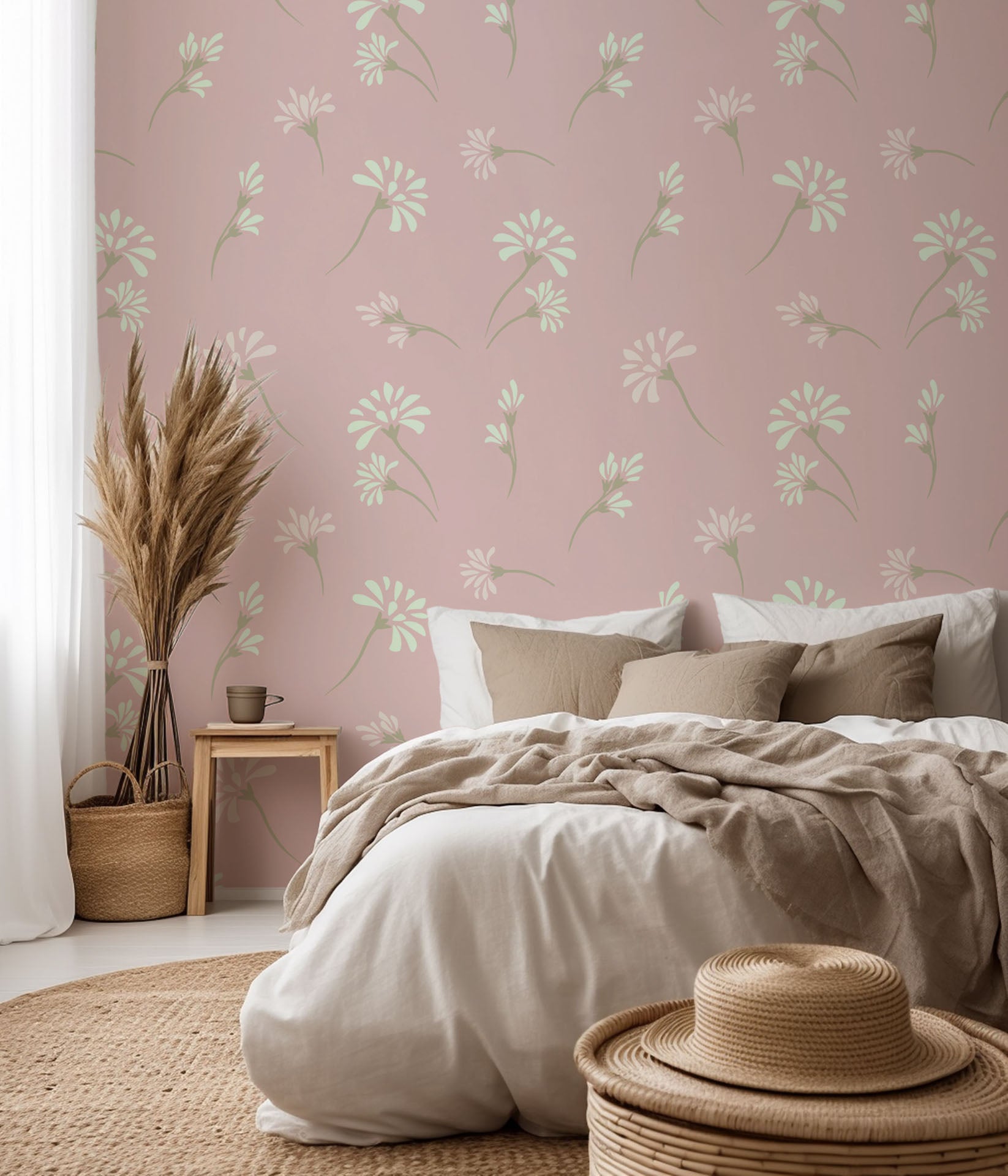 Self-adhesive wallcovering (Gentle Whisper) featuring a small-scale pink and white floral (ditsy) print