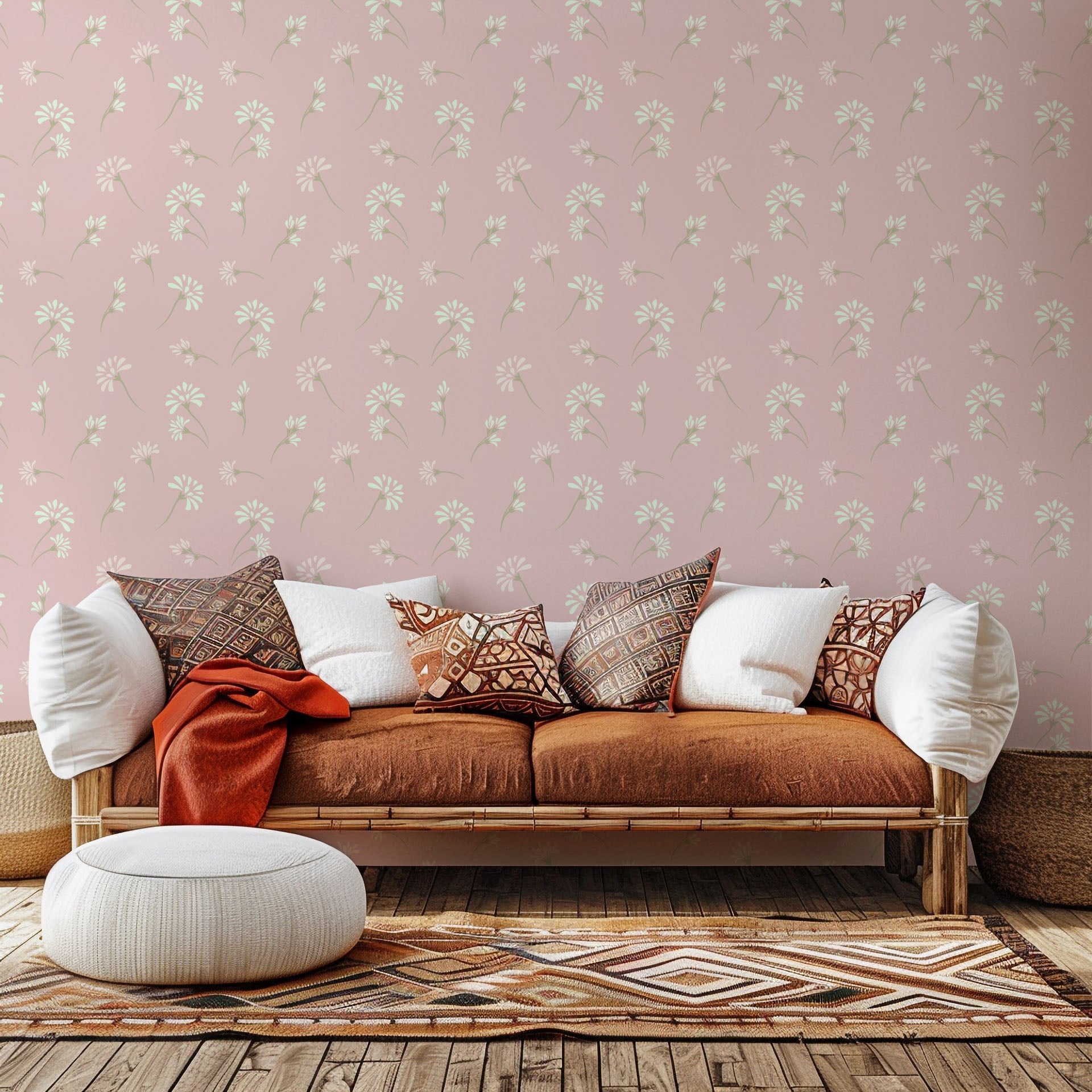 Tiny pink and white floral wallpaper, a self-adhesive 'Gentle Whisper' design
