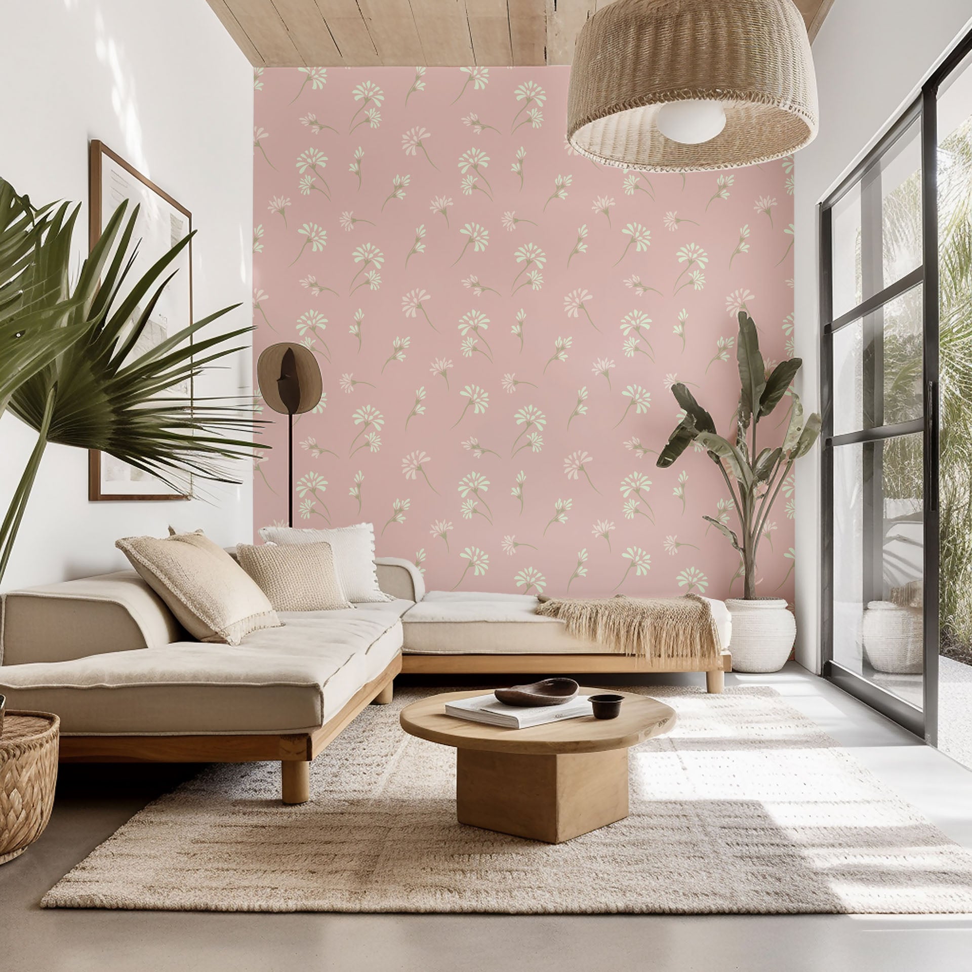 Self-adhesive wallpaper, featuring a small pink and white floral pattern, known as Gentle Whisper