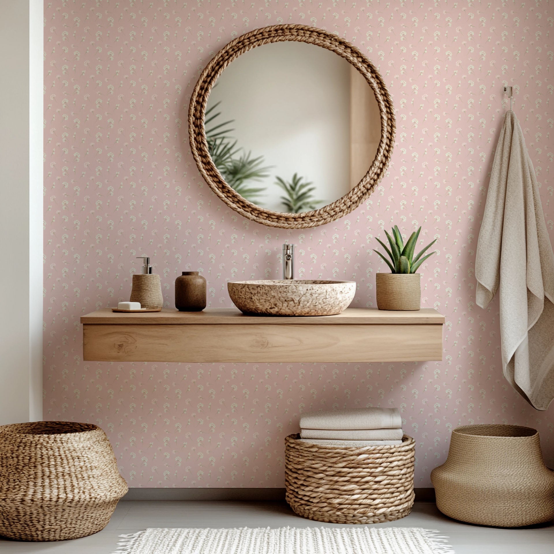 Self-adhesive wallpaper with a small pink and white floral pattern, known as Gentle Whisper