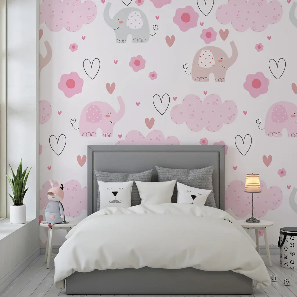 Adorable pink elephants floating among heart-shaped clouds on self-adhesive nursery wallpaper - Gentle Flutter
