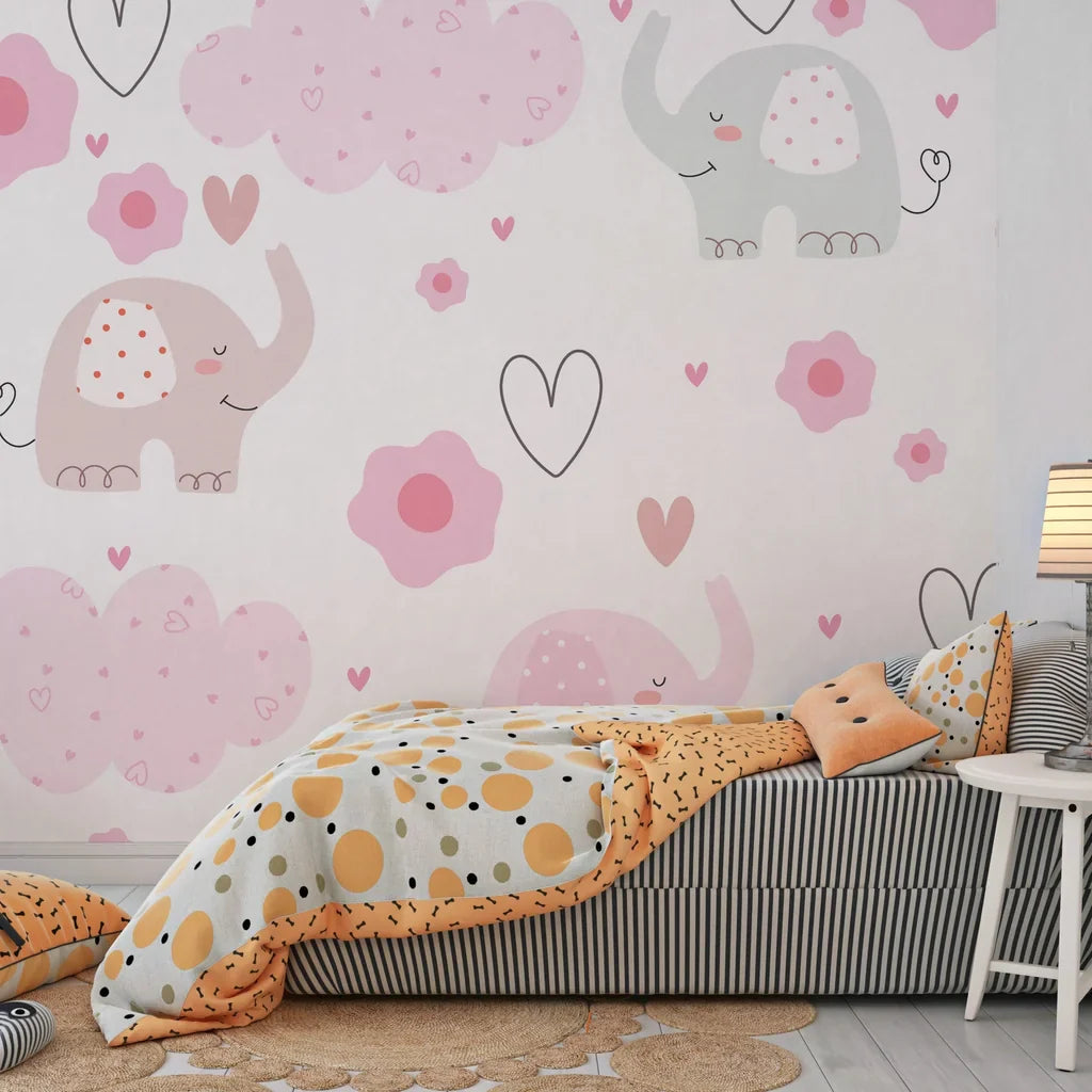 Whimsical baby room wall covering featuring rosy pachyderms and heart-style cloud motifs - Gentle Flutter