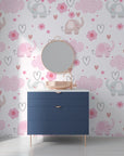 Blush-toned elephant and heart cloud patterned peel-and-stick mural for children's interiors - Gentle Flutter