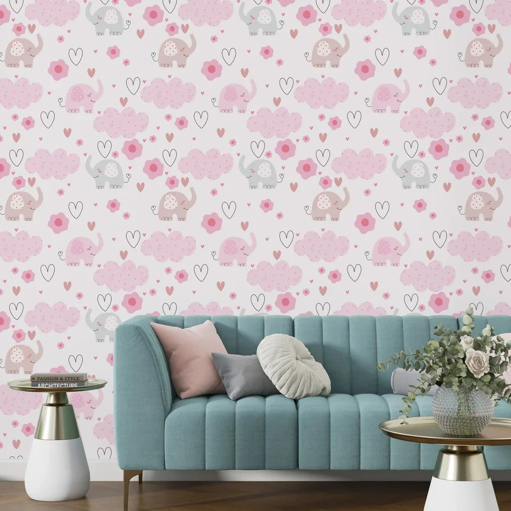 Charming nursery wall art depicting soft pink elephants drifting through a sky of heart clouds - Gentle Flutter