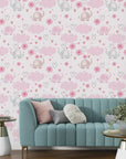 Charming nursery wall art depicting soft pink elephants drifting through a sky of heart clouds - Gentle Flutter