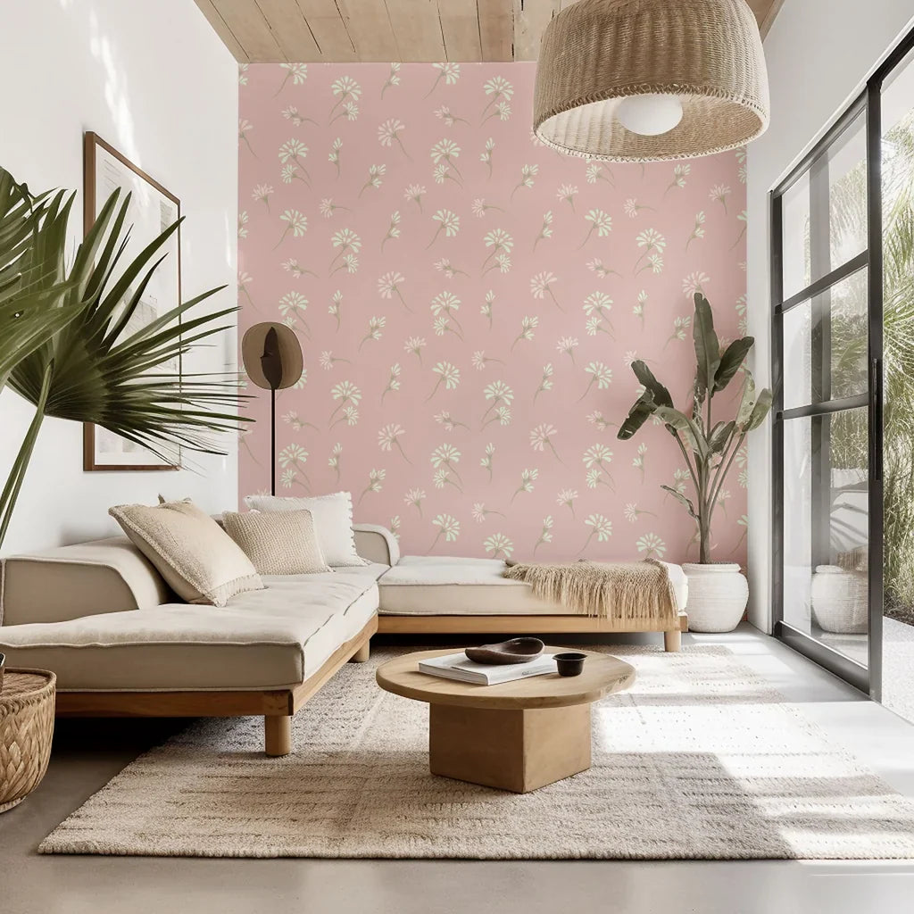 Self-adhesive wallpaper, featuring a small pink and white floral pattern, known as Gentle Whisper