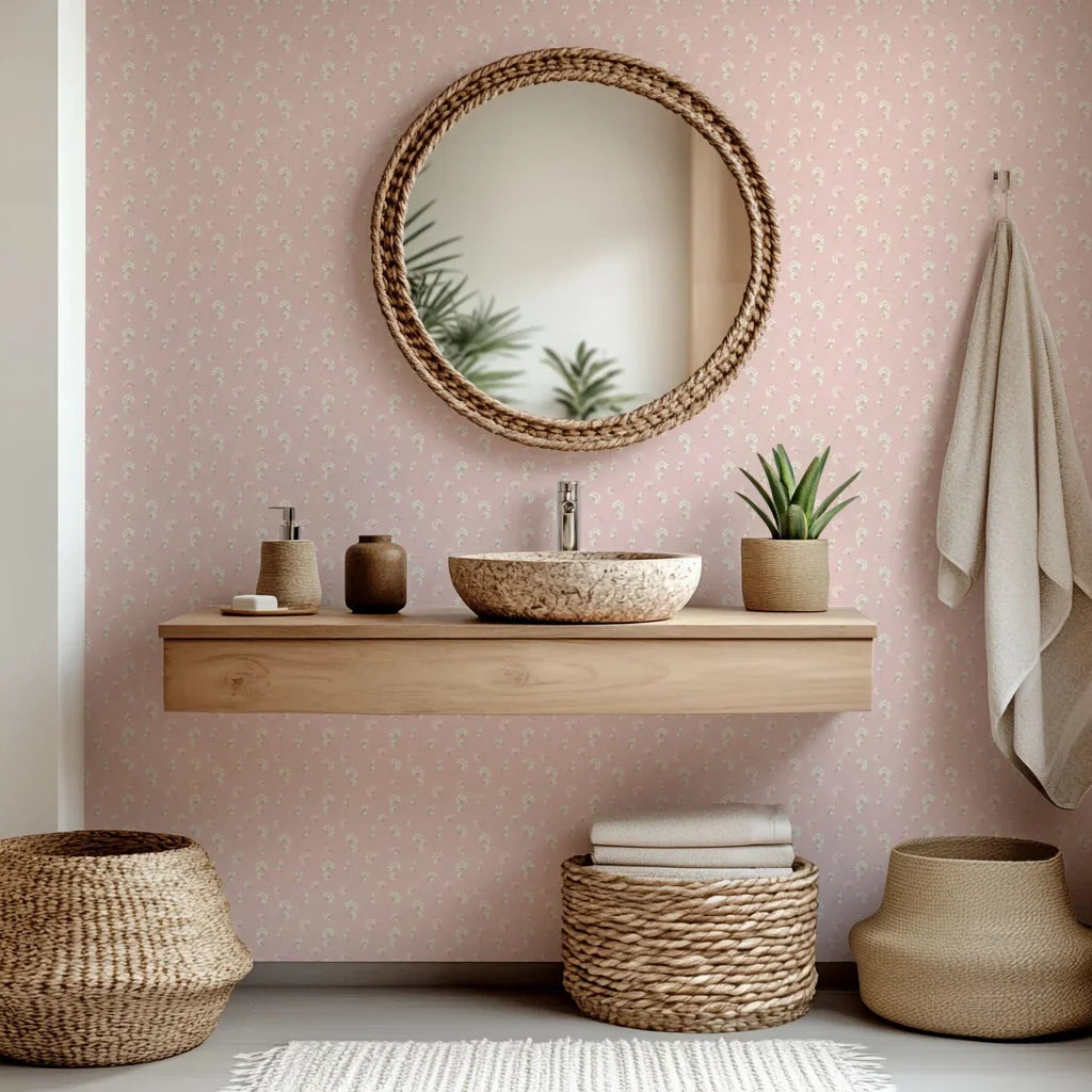Self-adhesive wallpaper with a small pink and white floral pattern, known as Gentle Whisper