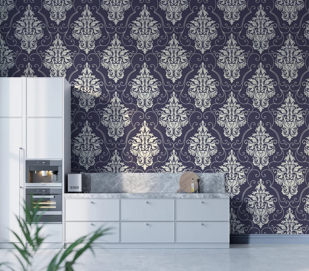 Navy and silver Gentlebotan damask wallpaper in modern kitchen with white cabinetry