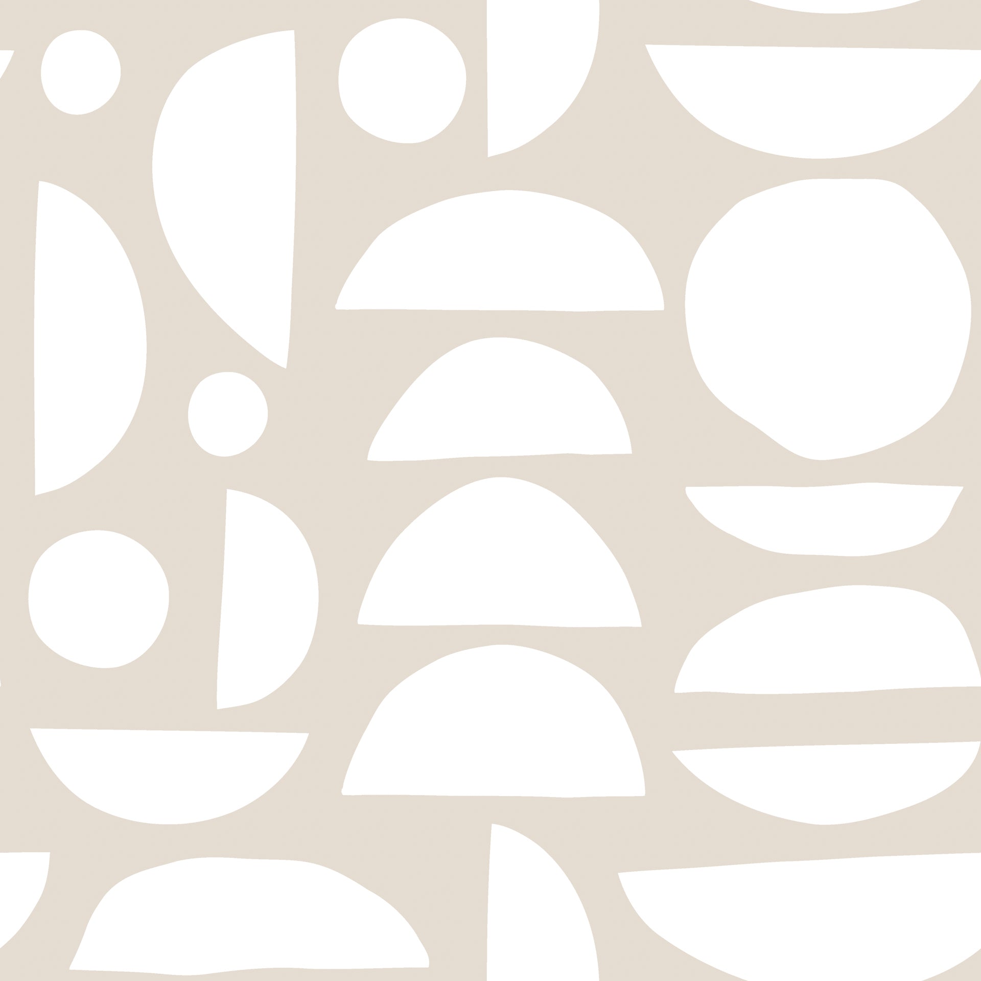 Abstract geometric wallpaper with white organic shapes and half circles scattered across a warm beige background.