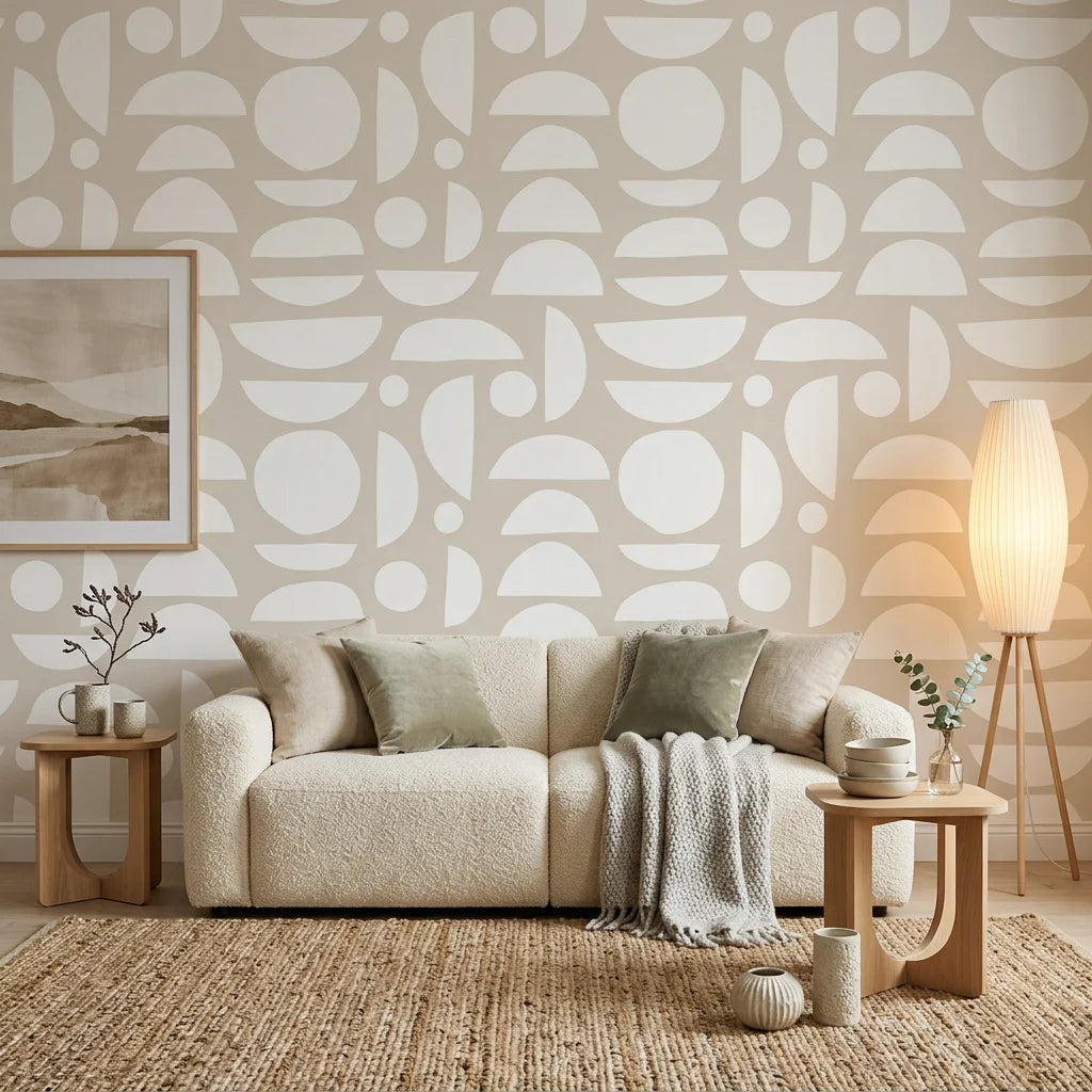 Geo Eclipse overlapping petal wallpaper in a warm and inviting living room
