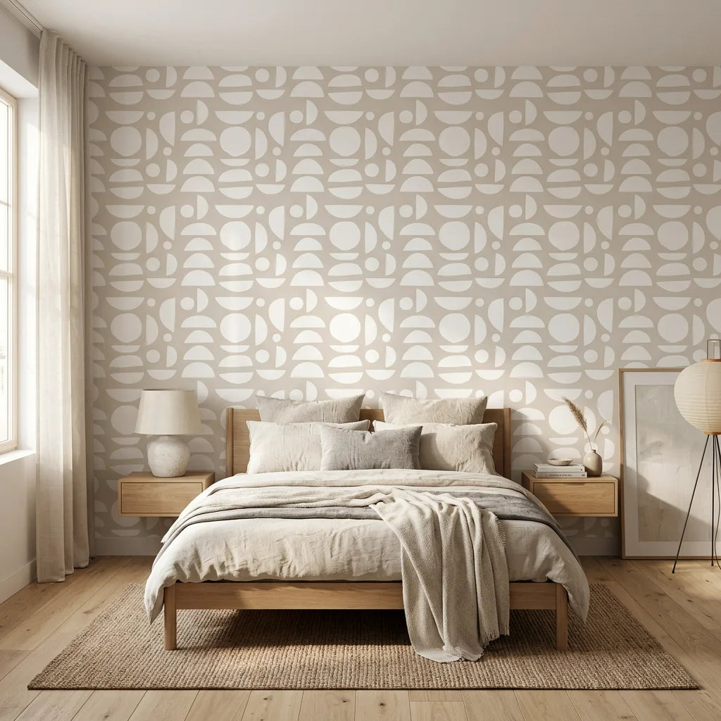 Geo Eclipse overlapping petal wallpaper adding character to a cozy bedroom