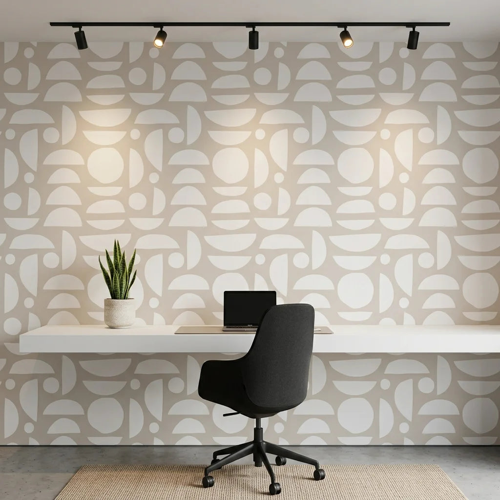 Geo Eclipse overlapping petal wallpaper as a feature wall in a bright home office
