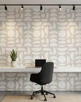 Geo Eclipse overlapping petal wallpaper as a feature wall in a bright home office