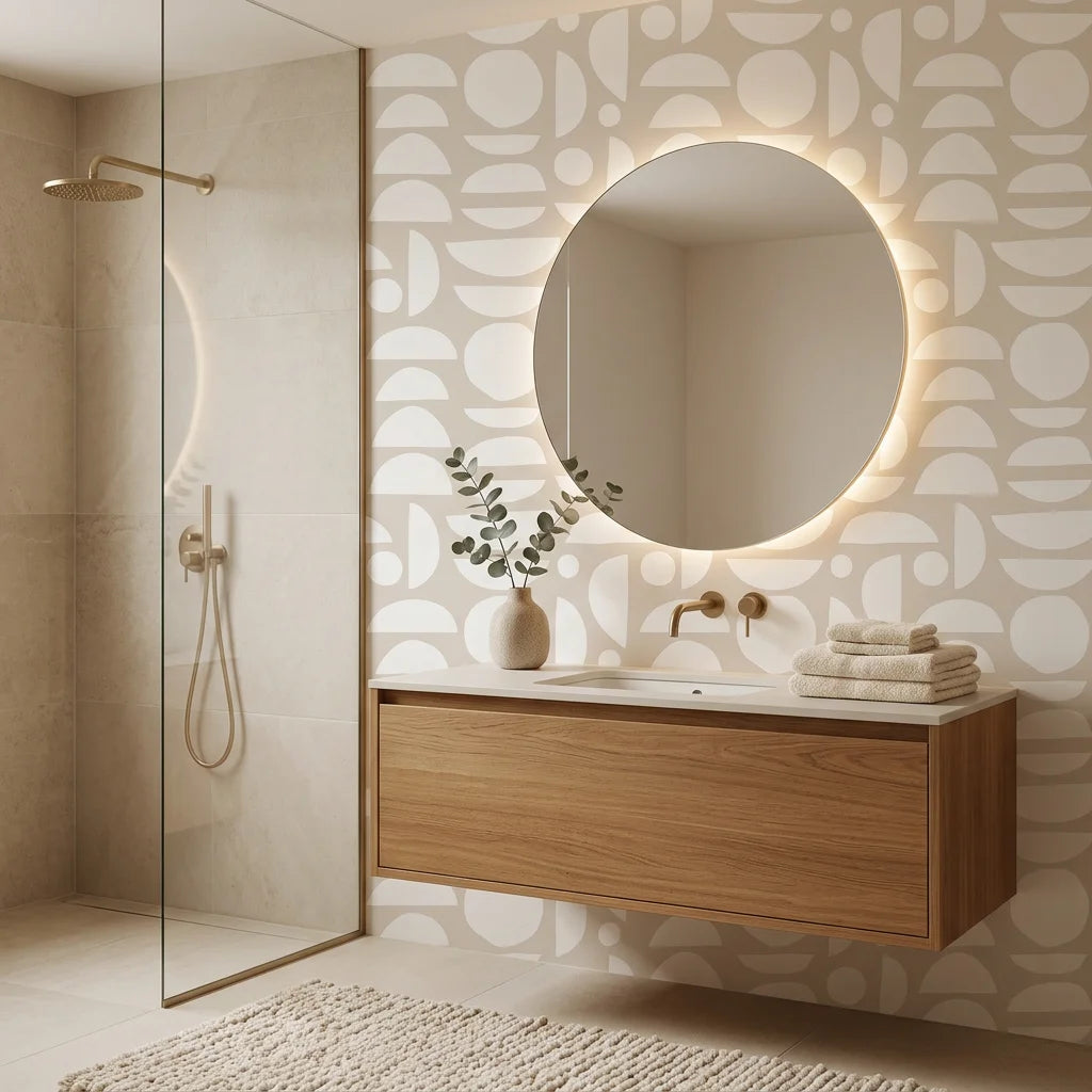Geo Eclipse overlapping petal wallpaper creating ambiance in a serene bathroom