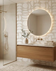 Geo Eclipse overlapping petal wallpaper creating ambiance in a serene bathroom