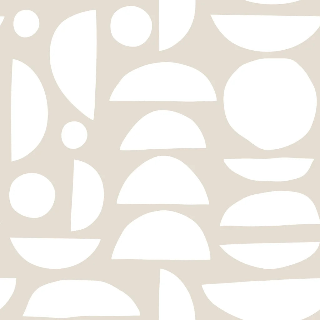 A warm beige wallpaper featuring scattered white semicircles and flowing organic forms