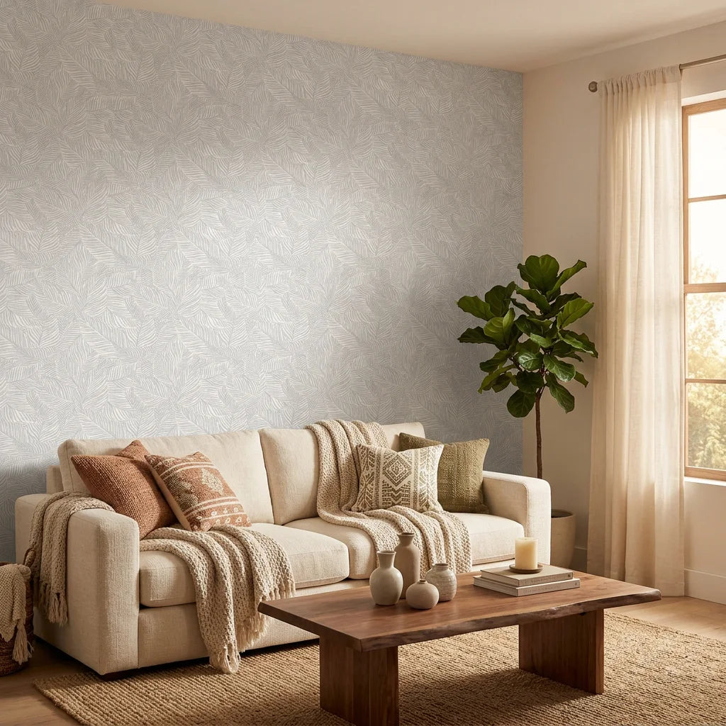 Ghost Fronds pale palm wallpaper in a warm and inviting living room